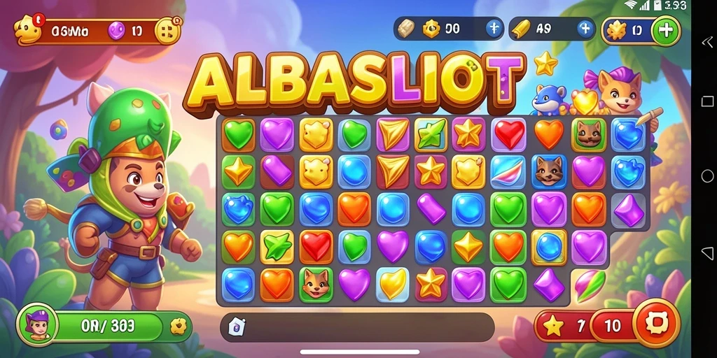 Screenshot gameplay <strong>ALBASLOT</strong> dengan potongan warna yang berwarna-warni.