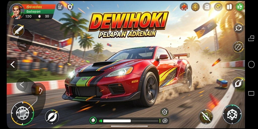 Screenshot gameplay DEWIHOKI yang penuh aksi balapan.