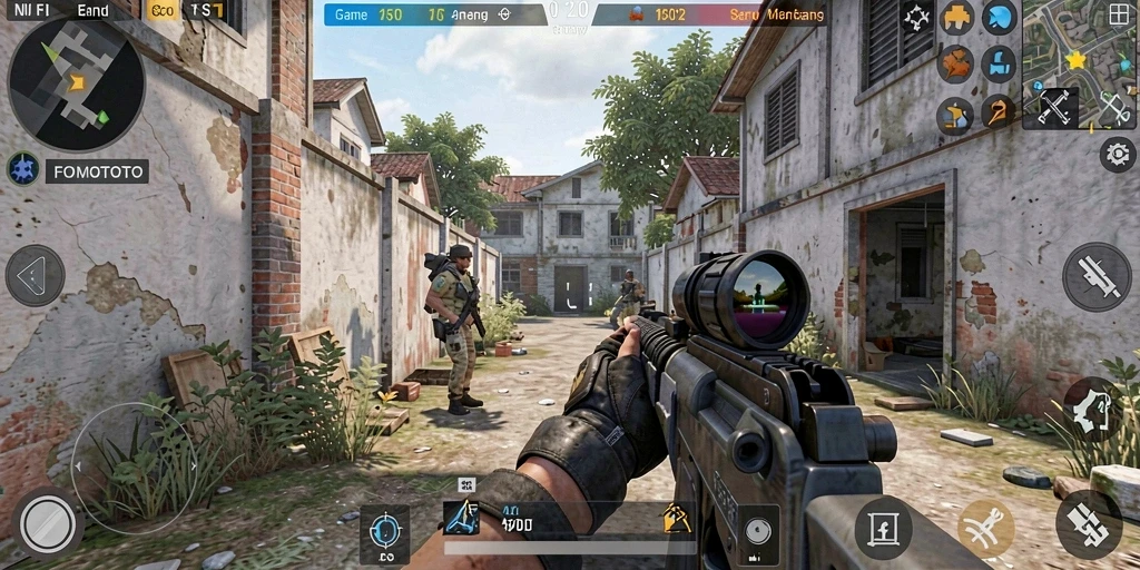 Tangkapan layar gameplay FOMOTOTO yang penuh aksi dan tembakan.