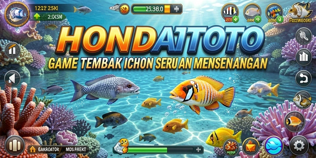 Screenshot utama HONDATOTO menampilkan aksi seru Tembak Ikan.