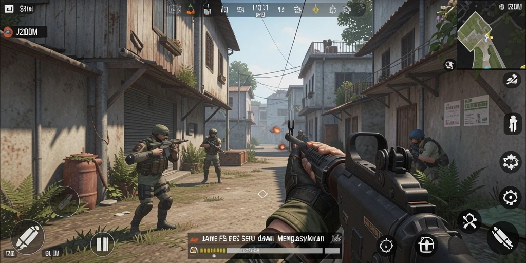 Tampilan dinamis gameplay J200M menunjukkan aksi seru FPS.